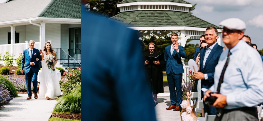 Bride walking down the aisle at outdoor gazebo ceremony at Chippanee Country Club