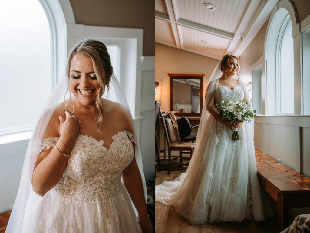 Another soft bridal portrait with bouquet in hand, framed by warm window light at Birch Wood Vineyards