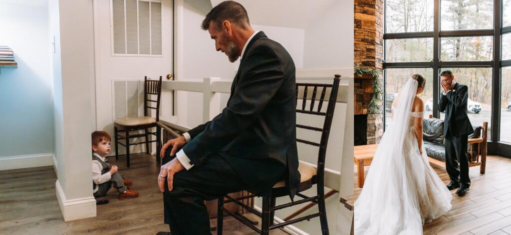 Emotional first look between bride and her dad inside the cozy Birch Wood Vineyards interior