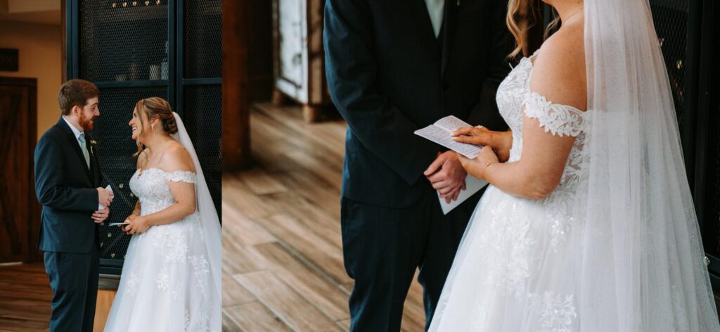 Bride beaming while reading her vows to her groom, surrounded by wood and wine barrel details