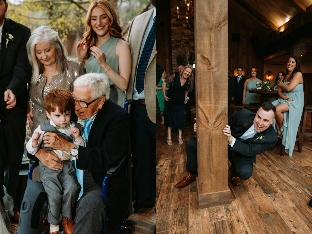 Candid moment with the groom’s family and their toddler sharing a laugh before the ceremony