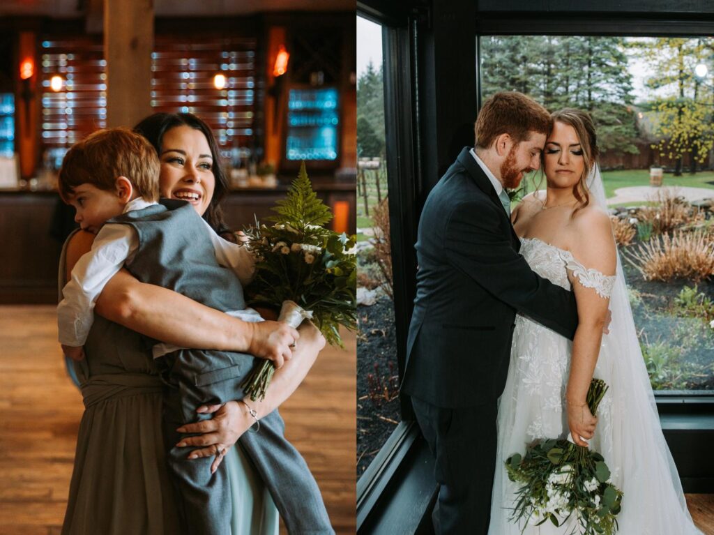 Bridesmaid holding son in a sweet moment at the venue's indoor bar area