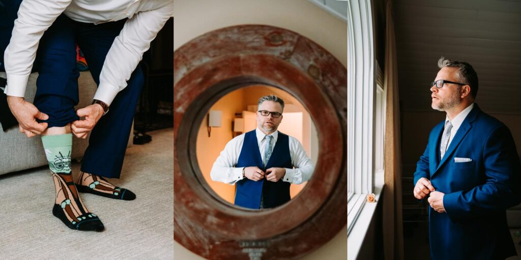 Groom finishing up his prep in a cozy room at The Bell Inn Tavern.