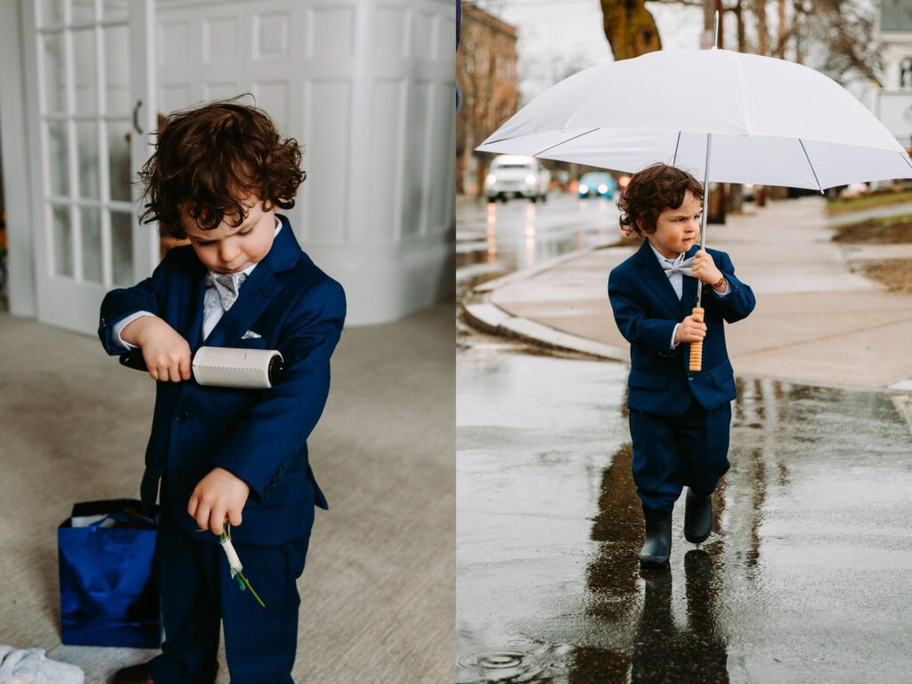 Toddler holding a white umbrella on a rainy April day in Peabody, Massachusetts.