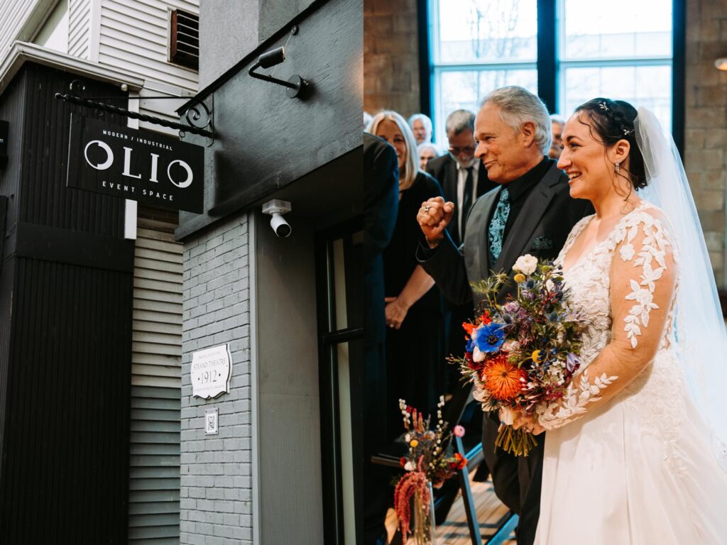 Bride arrives at Olio holding her colorful bouquet, smiling beneath a clear umbrella.