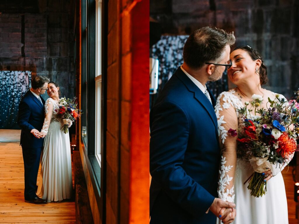 Bride and groom sharing a quiet moment in front of the expansive windows at Olio.