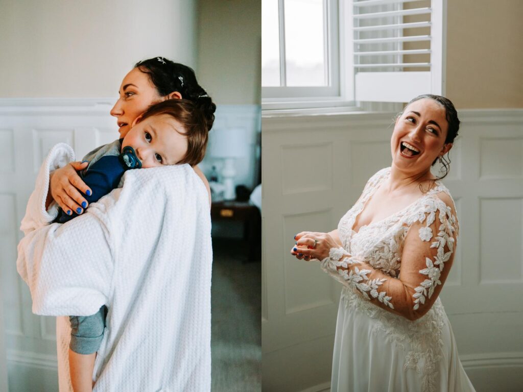 Bride cuddling one of her sons during getting ready time at The Bell Inn.