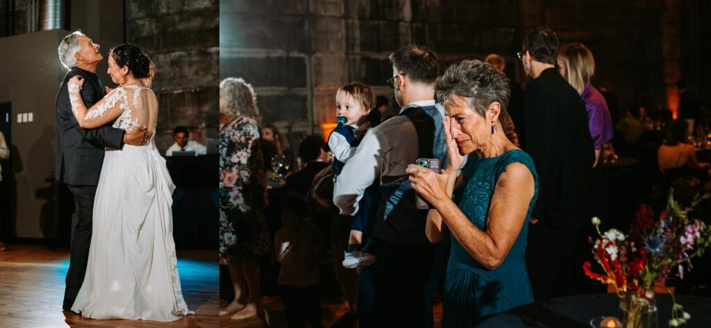 Bride dancing with her dad during an emotional father-daughter dance.