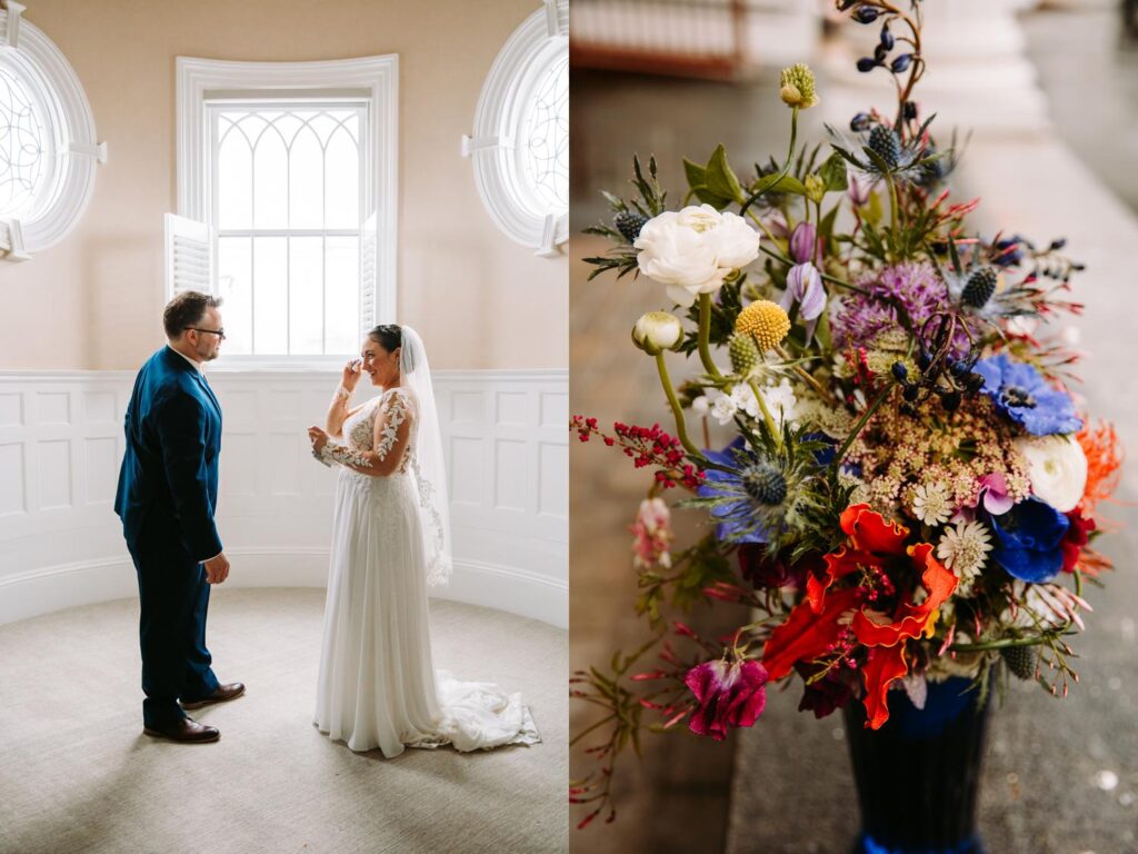 Bride wiping a tear during the first look with her partner in an intimate moment before heading to Olio.