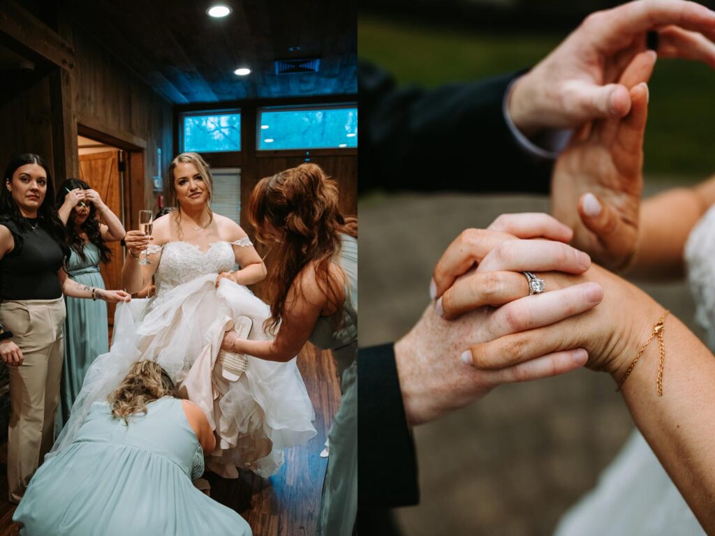 Bride getting bustled while friends and family cheer her on with laughter