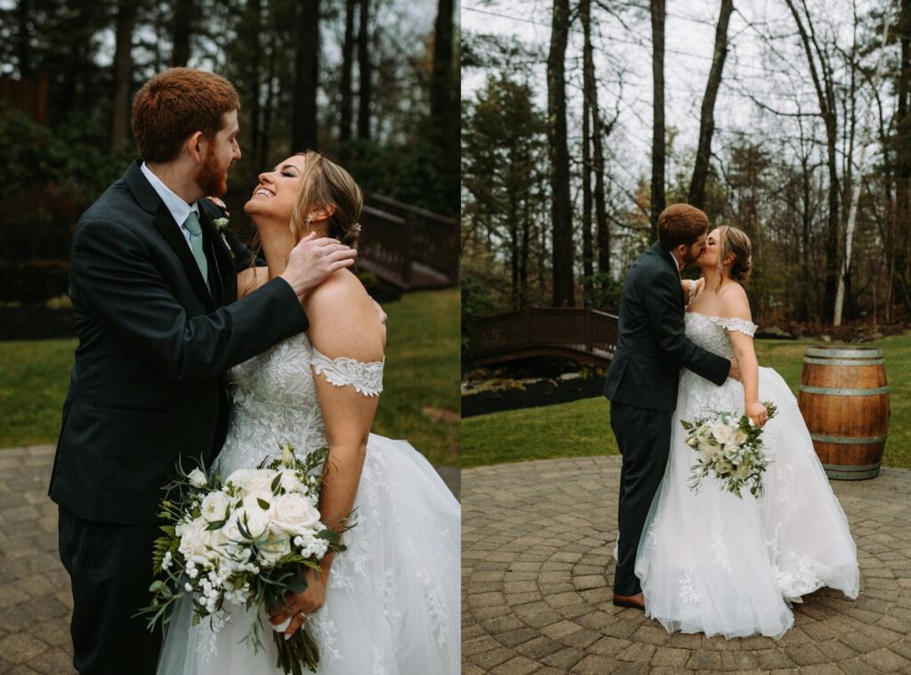 Bride and groom holding each other and laughing in the vineyard’s outdoor garden space