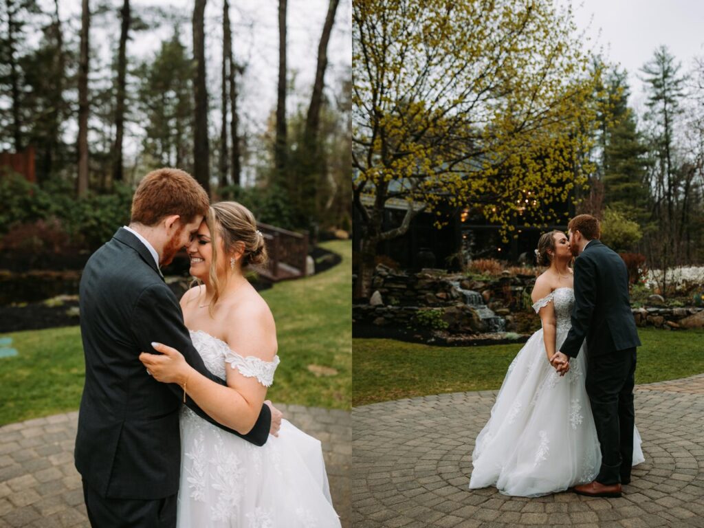 Groom pulling bride in for a quiet, emotional forehead kiss under the trees
