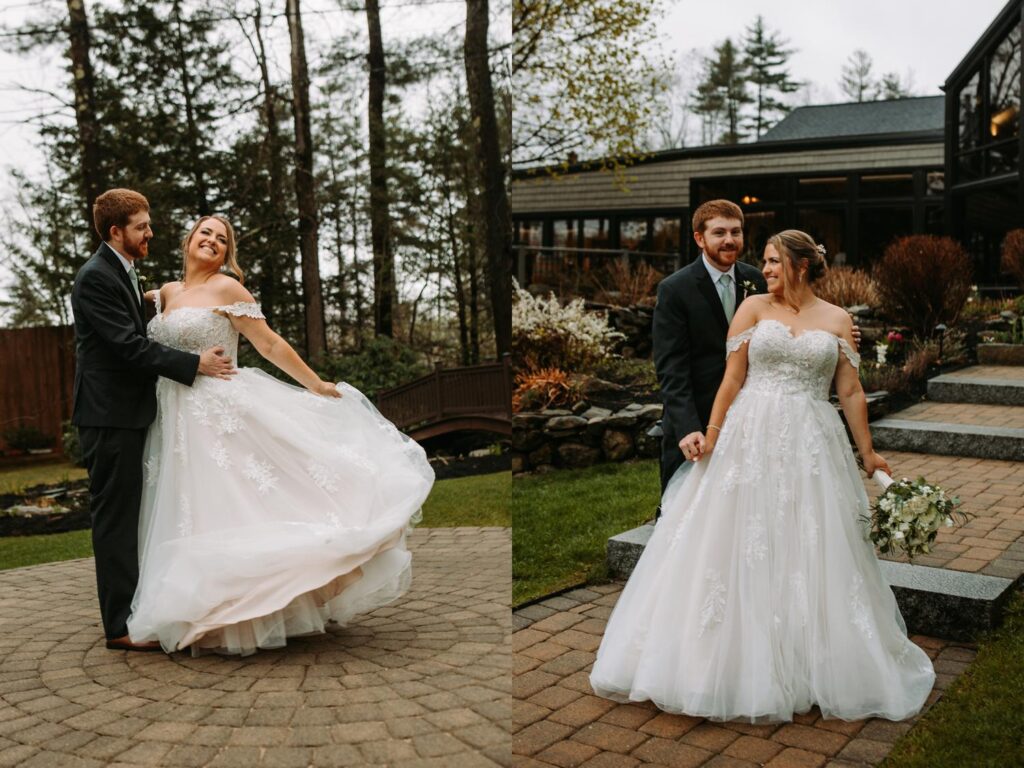 Bride twirling her gown as groom laughs beside her on a stone path in the vineyard gardens

