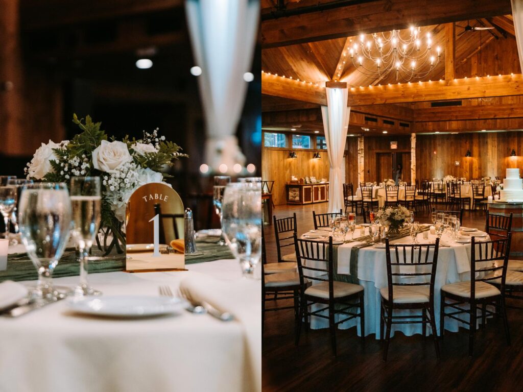 Close-up of a romantic candlelit reception table with floral centerpiece and wood-toned details