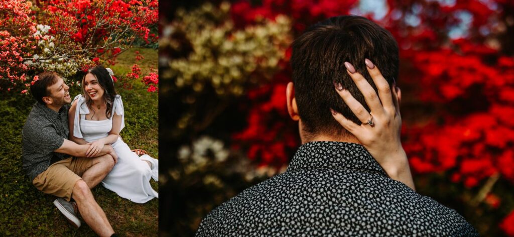 Close-up of the bride-to-be’s hand on her fiancé’s head, showing off her engagement ring with bold red florals behind her.
