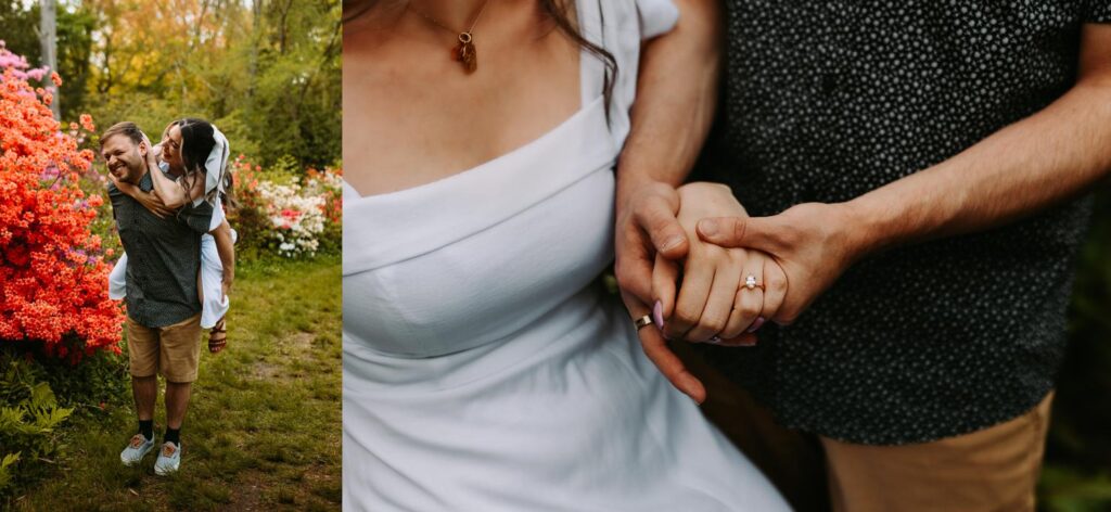 Detail shot of couple holding hands, highlighting the ring and her white dress.