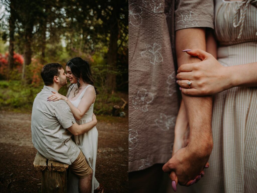 Soft close-up of their intertwined arms, showing connection and the engagement ring.