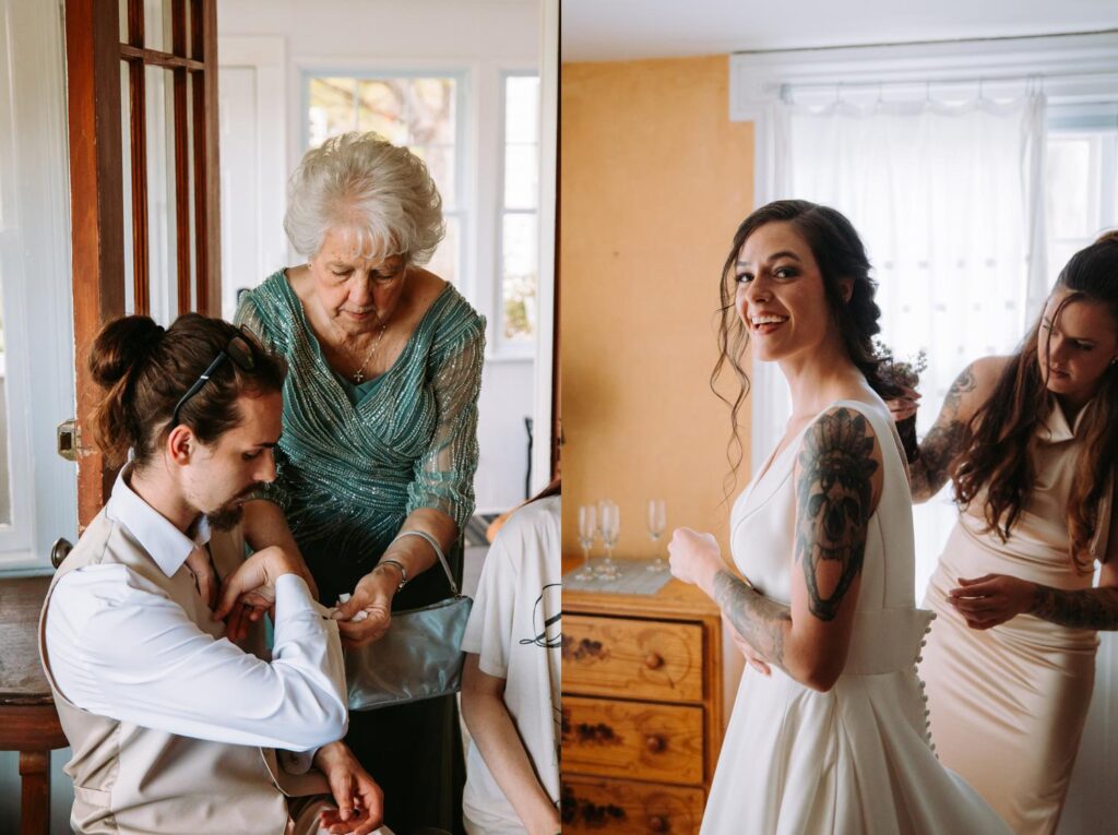 Bride smiling while her grandmother and flower girl help her get dressed.