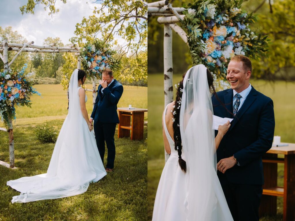 Candid first look moment at Bluebird Farm with bride and groom at the altar.