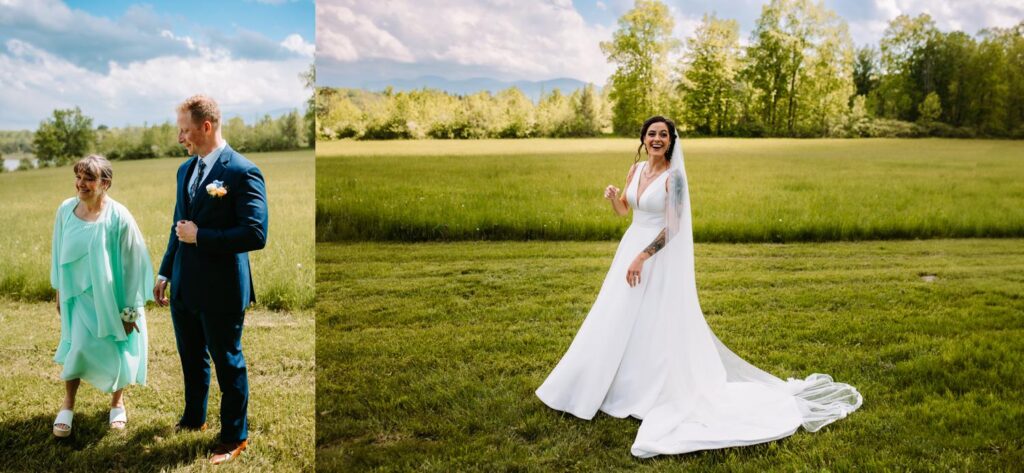 Bride and groom walking together before their outdoor wedding ceremony in the Catskills.