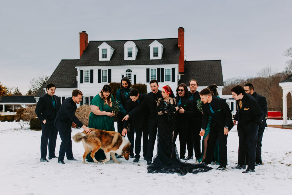 An exciting wedding party greets a dog at Five Bridge Inn in Rehoboth, Massachusetts