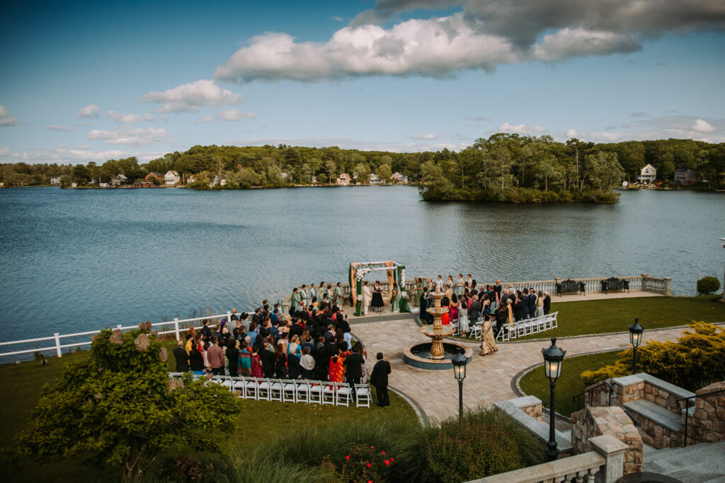 View of the wedding ceremony from the balcony at Grandview Mendon in Massachusetts