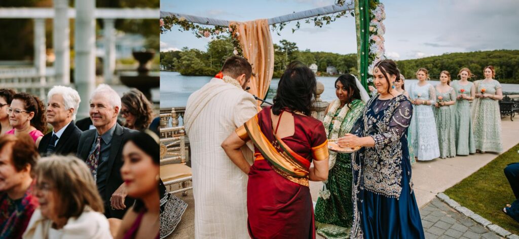 Couple exchanging vows during outdoor Indian wedding ceremony at Grandview Mendon Massachusett