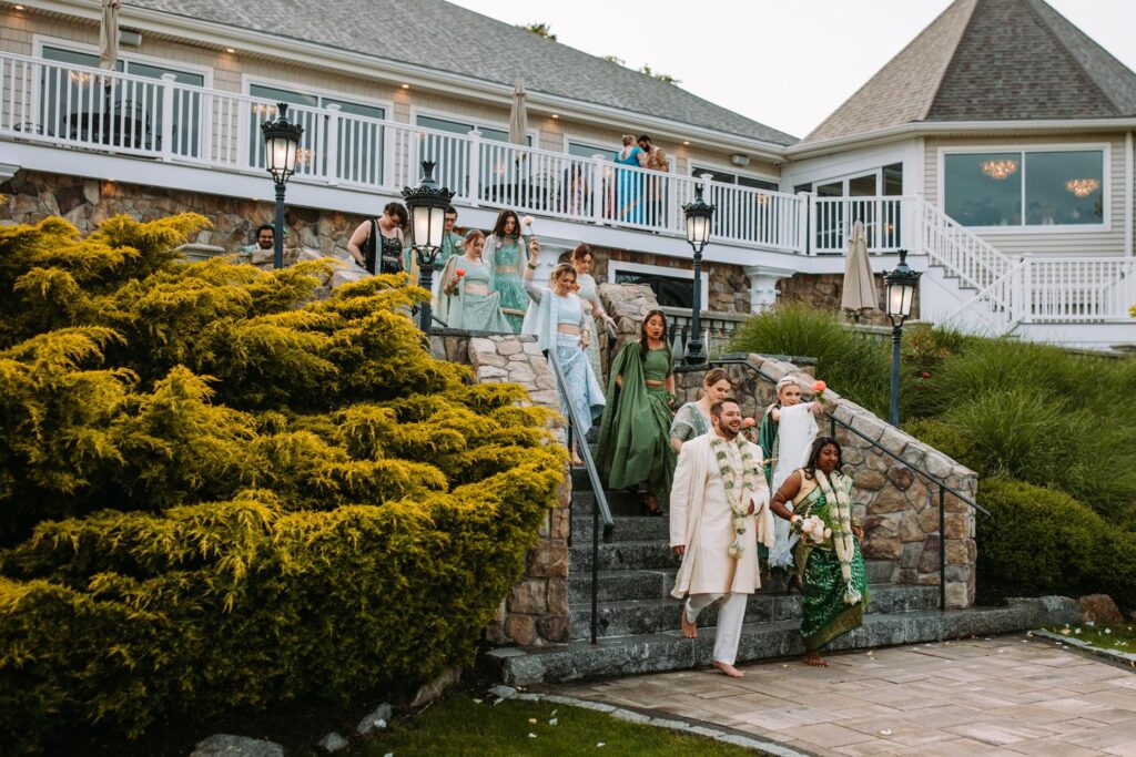 Bridal party portraits on Grandview Mendon Massachusetts steps after Indian wedding ceremony
