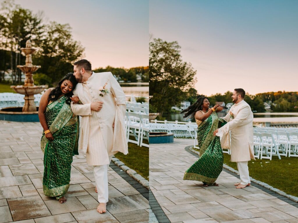 Romantic close-up of couple embracing during Indian wedding portraits at Grandview Mendon Massachusetts