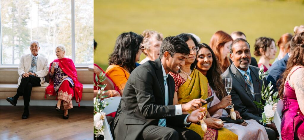 Guests arriving and smiling before outdoor Indian wedding ceremony at Grandview Mendon Massachusetts venue.