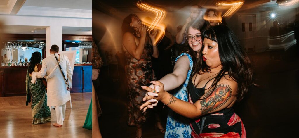 Crowd dancing energetically during Indian wedding reception at Grandview Mendon Massachusetts venue