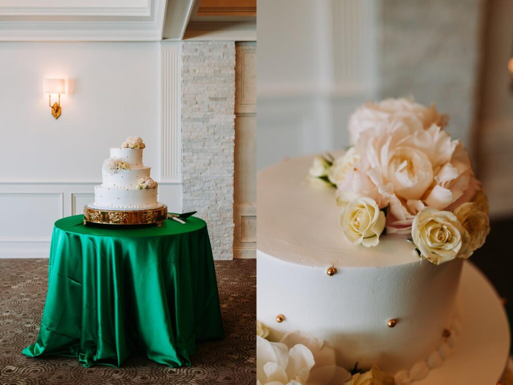 Multi-tiered wedding cake decorated with flowers for an Indian wedding reception at Grandview in Mendon Massachusetts.