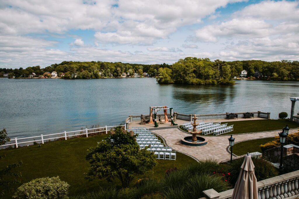 Grandview Mendon Massachusetts exterior view showcasing wedding ceremony setup for colorful Indian wedding celebration