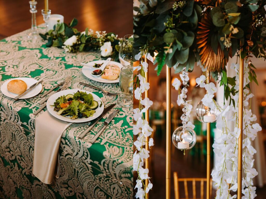 Reception décor with elegant table settings and candles for Indian wedding at Grandview Mendon Massachusetts