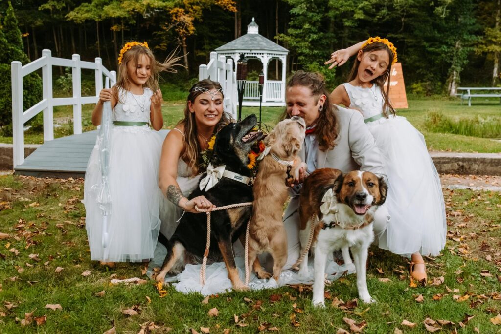 A family photo with dogs at a backyard wedding in Moodus, Connecticut