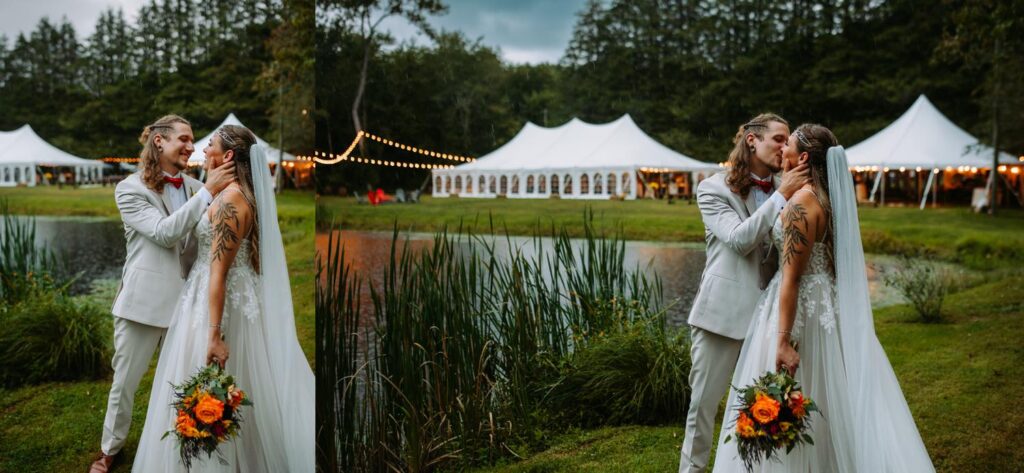 A bride and groom share a kiss in front of their tented backyard wedding in Connecticut