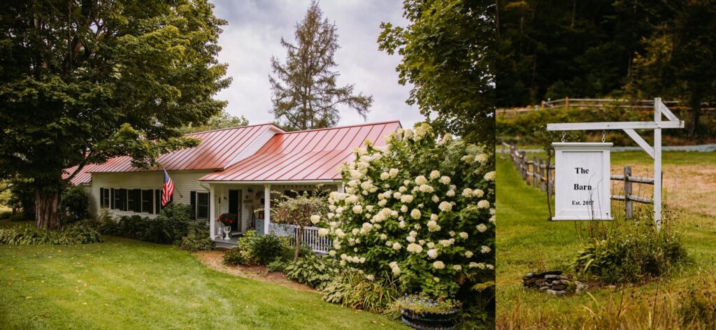 Wide shot of The Barn on Gobeille Farm property in Sharon Vermont on Laura and AJ's wedding day