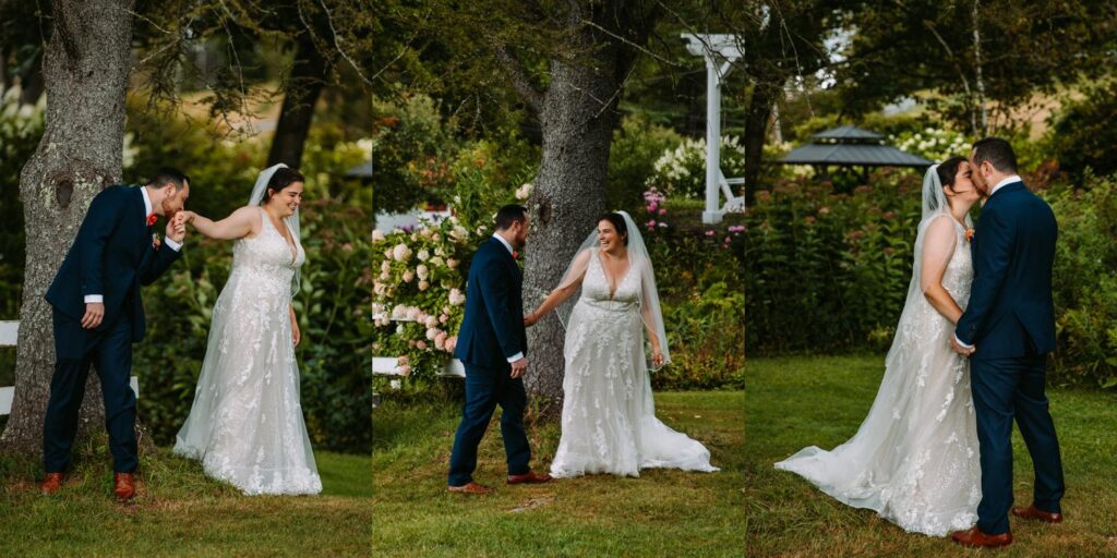AJ peeking during first touch at The Barn on Gobeille Farm wedding in Sharon Vermont