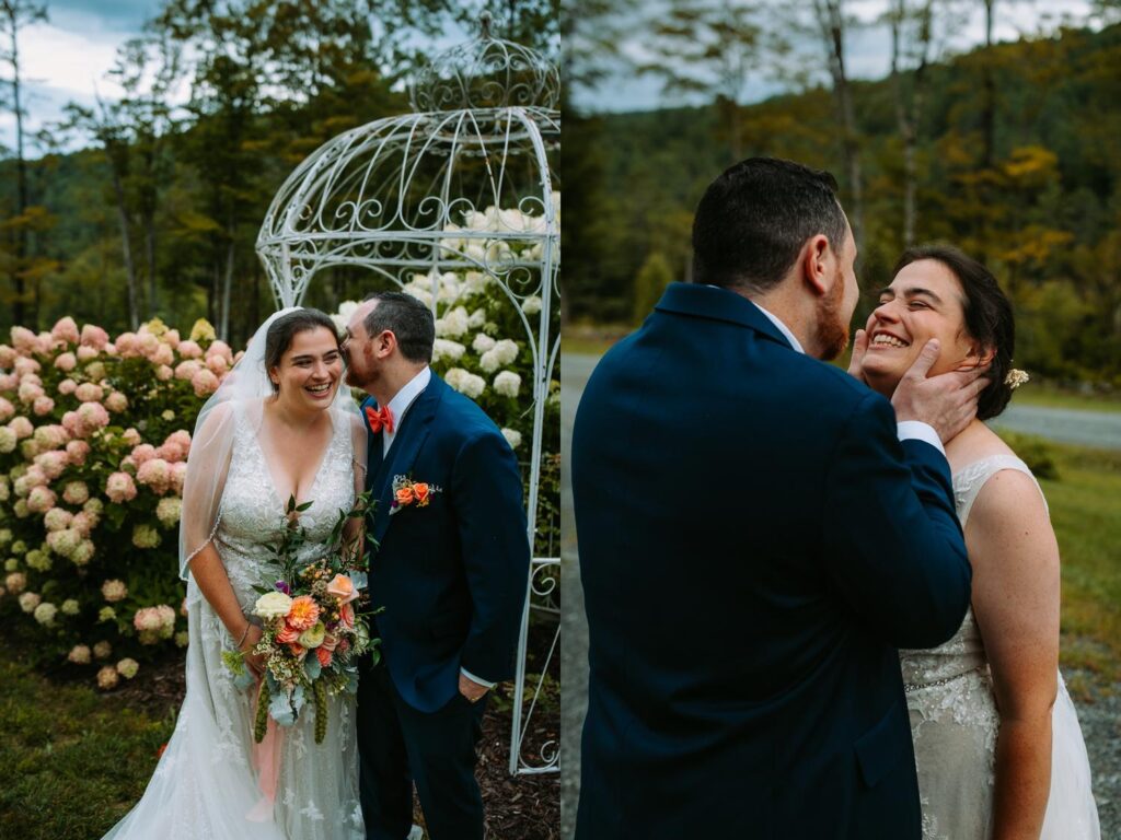Laura and AJ closeup portrait at The Barn on Gobeille Farm wedding in Sharon Vermont