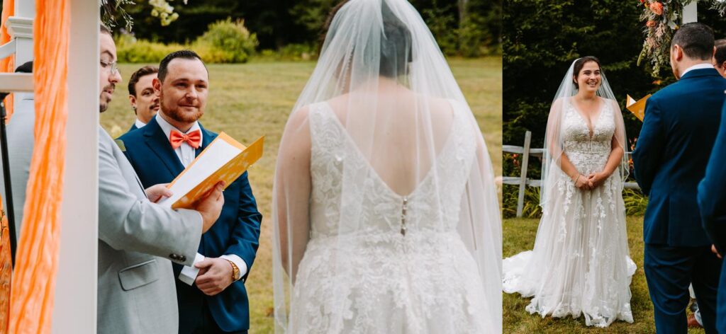 Laura and AJ exchanging vows at outdoor ceremony at The Barn on Gobeille Farm in Sharon Vermont