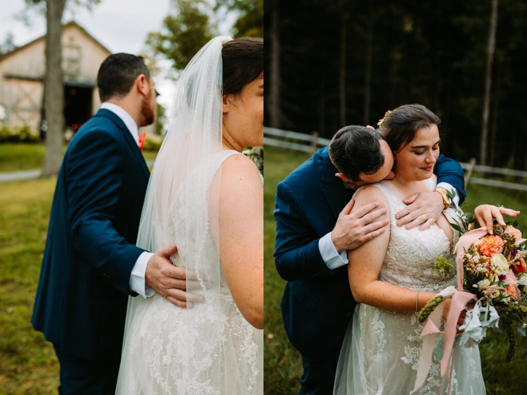 Laura and AJ laughing during portraits at The Barn on Gobeille Farm wedding in Sharon Vermont