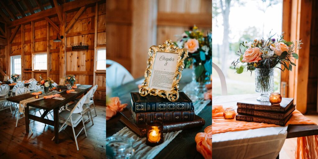 Reception table details with chapter numbers and book pages at Gobeille Farm wedding Vermont