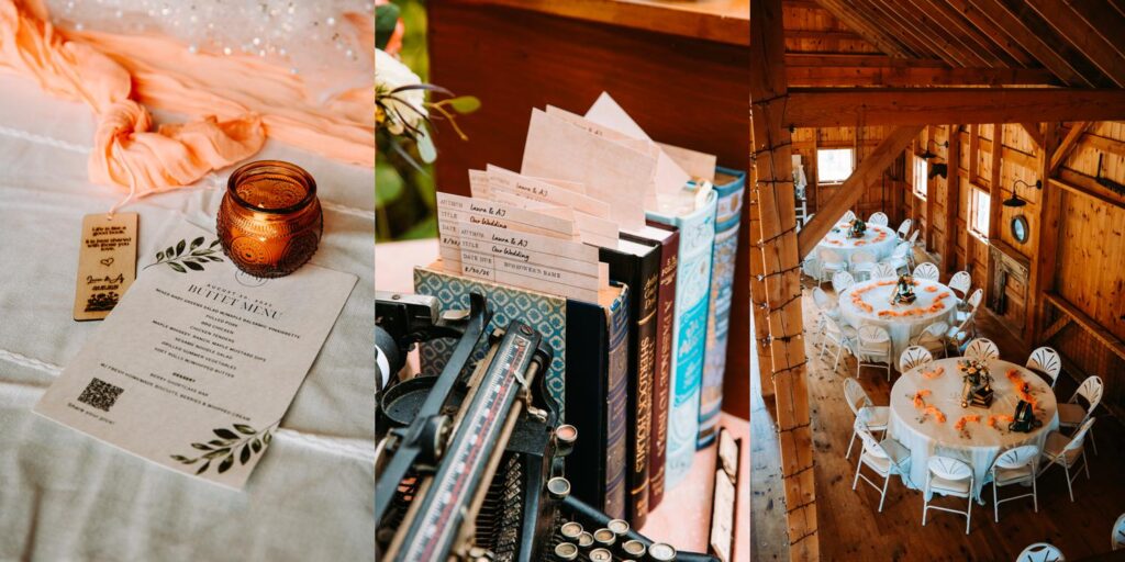 Vintage book guest book table at light academia wedding at Gobeille Farm in Sharon Vermont