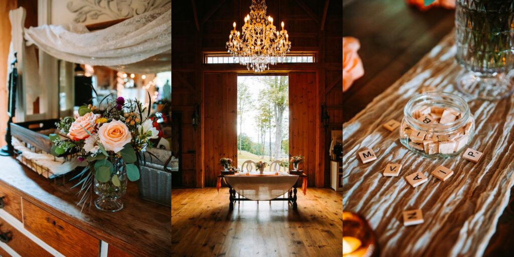 Reception setup inside The Barn on Gobeille Farm in Sharon Vermont