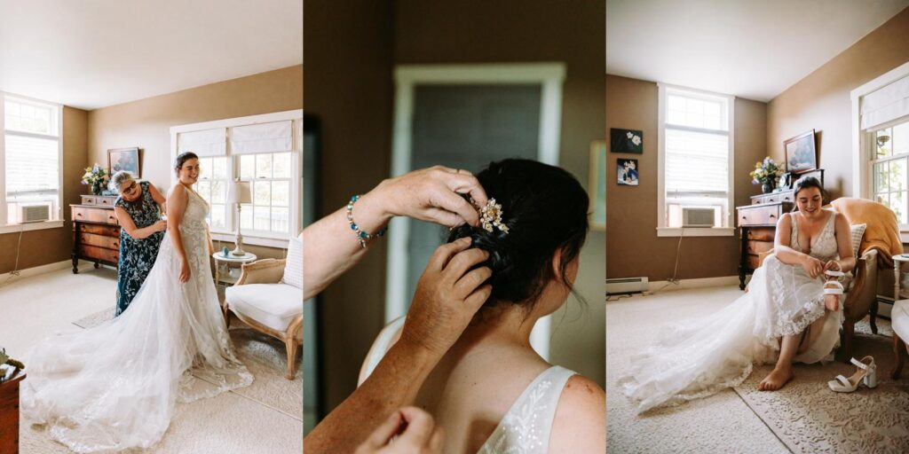 Bride in wedding dress getting ready at cottage on The Barn on Gobeille Farm in Sharon Vermont