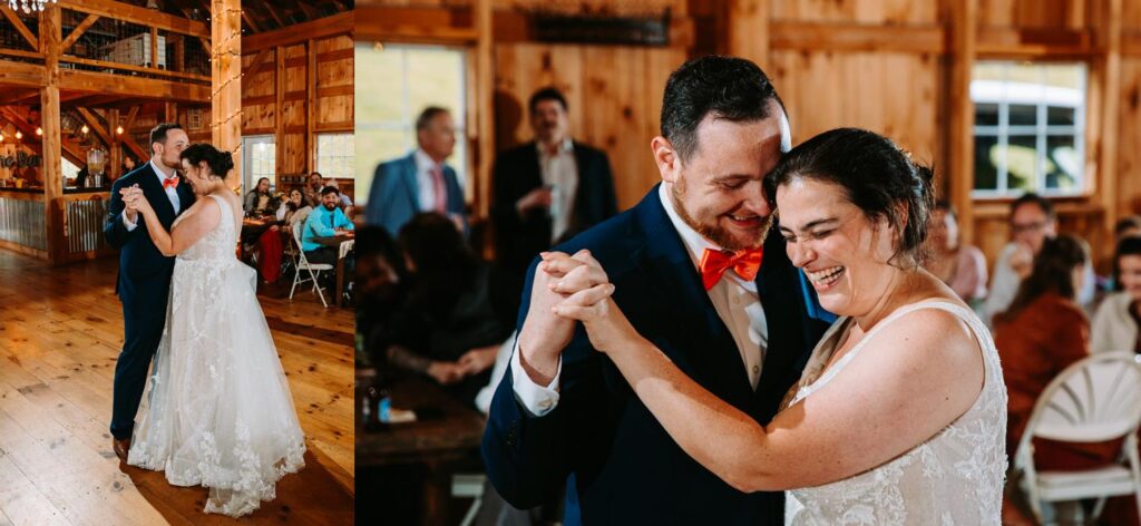 Laura and AJ first dance to Lord Huron at The Barn on Gobeille Farm wedding in Sharon Vermont