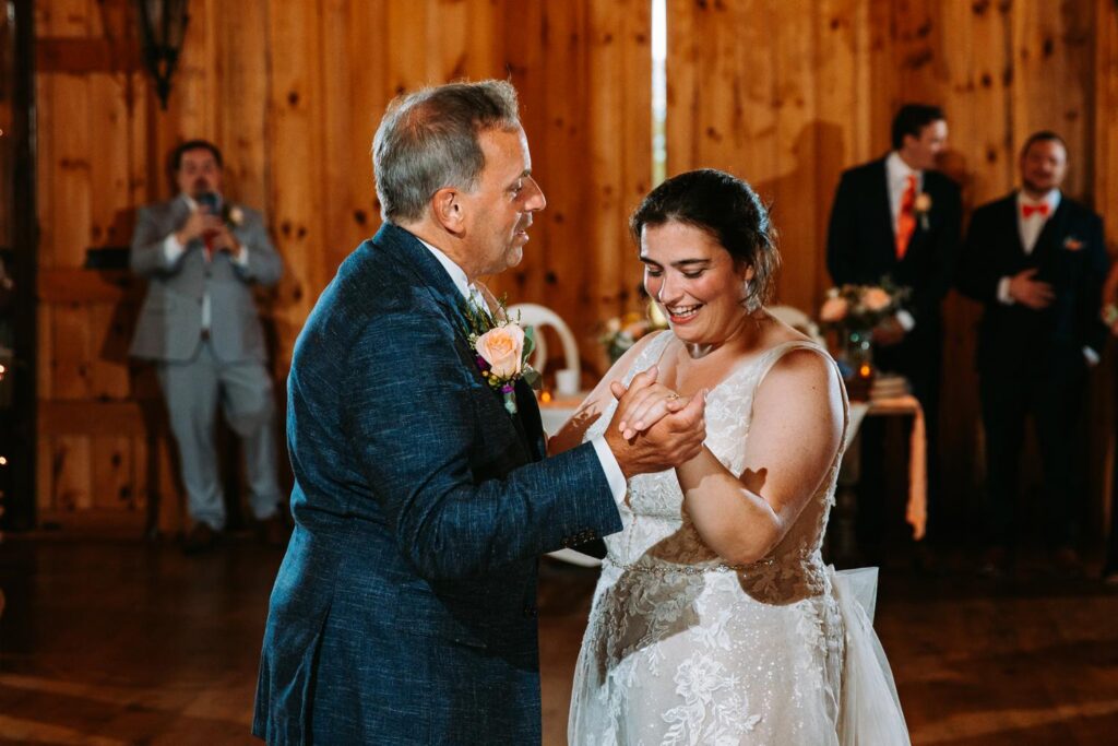 Father daughter dance at The Barn on Gobeille Farm wedding in Sharon Vermont