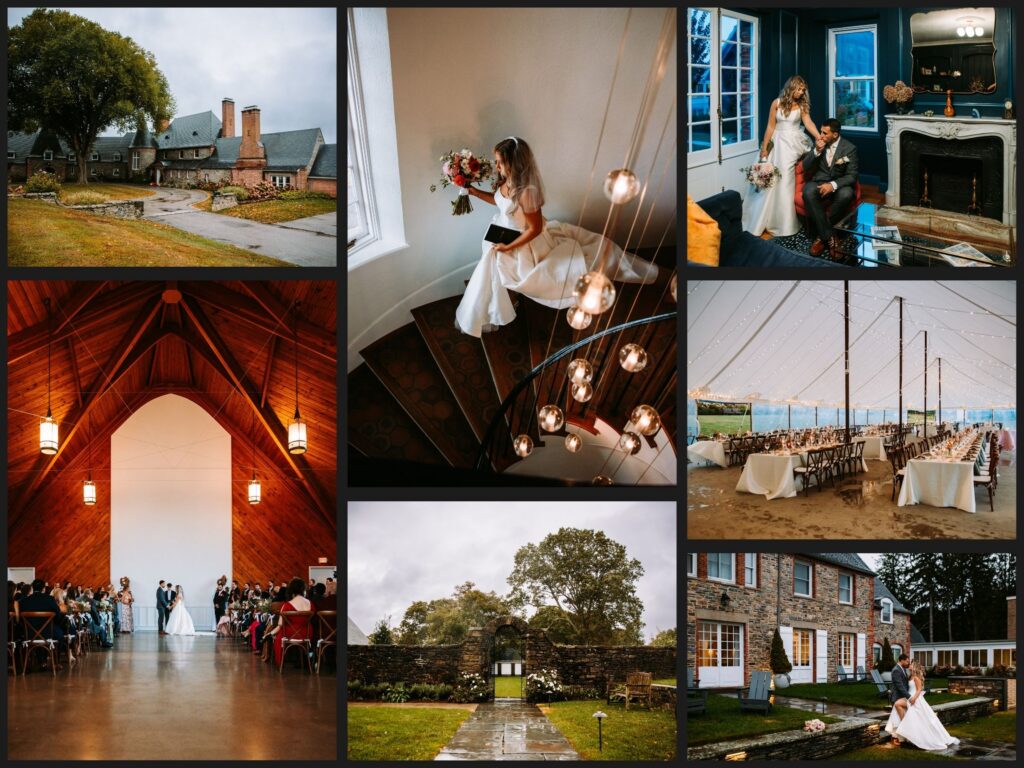 Grid of wedding photos taking place at Shepherd's Run in Rhode Island