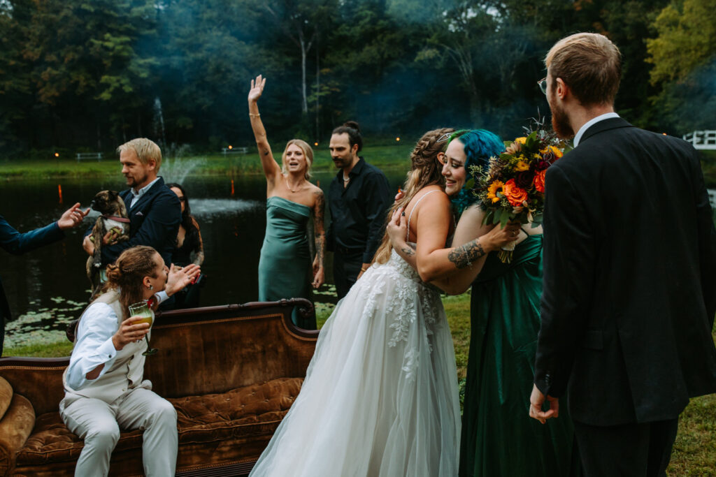 Wedding guests react emotionally at a backyard wedding in Moodus, Connecticut