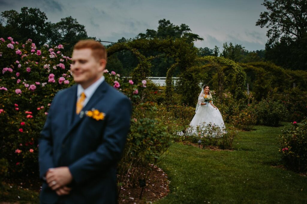 Bride and groom's first look at Elizabeth Park in Hartford Connecticut
